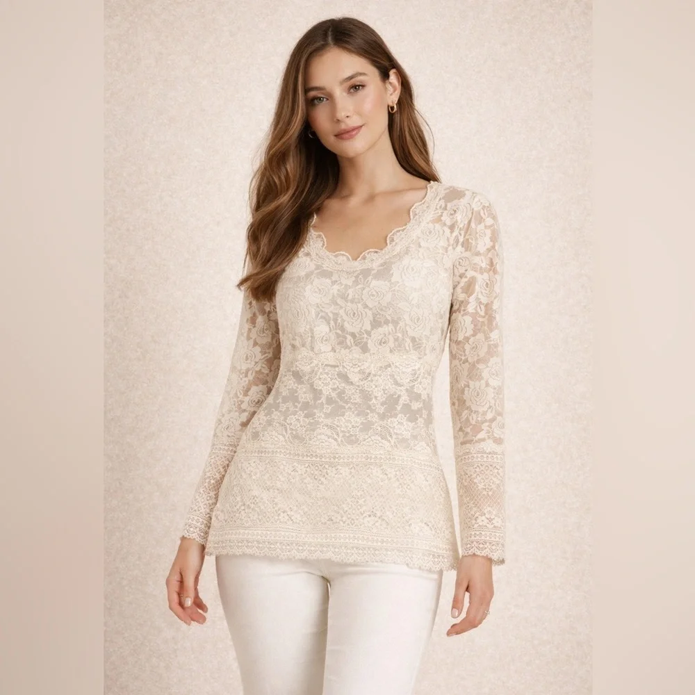 Ilse Jacobsen Y2K Cream Lace Top Size M Romantic Floral Sheer Ethereal Indie - Picture 1 of 12